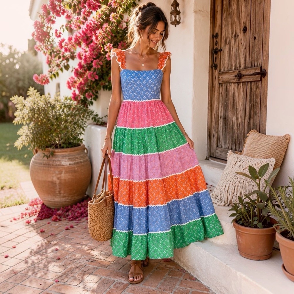 Pink City Prints Xanthe Rainbow Patchwork Cotton Maxi Dress S